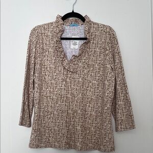 J McLaughlin Brown Patterned Ruffle V-Neck Top size XL NWT